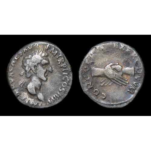 157 - Nerva denarius. Silver, 18mm, 3.24g. Obv:  Laureate head of Nerva to right, +IMP NERVA CAES AVG P M ... 