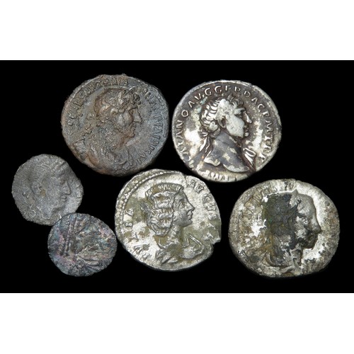 158 - Six Roman silver coins to include denarii of Trajan, Hadrian, Julia Domna and Severus Alexander plus... 