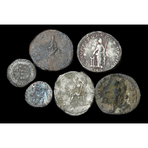 158 - Six Roman silver coins to include denarii of Trajan, Hadrian, Julia Domna and Severus Alexander plus... 