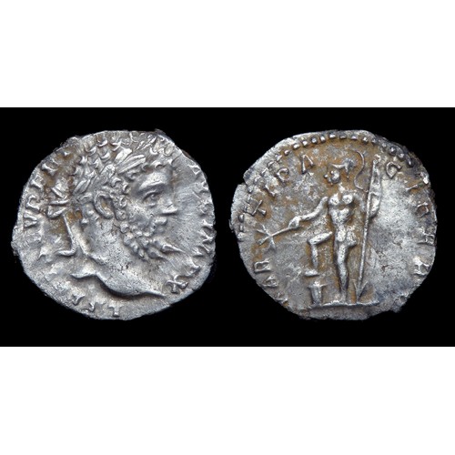 162 - Septimius Severus denarius, 197-198 AD. Silver, 18mm, 2.54g. Obv: laureate head right, +L SEPT SEV P... 