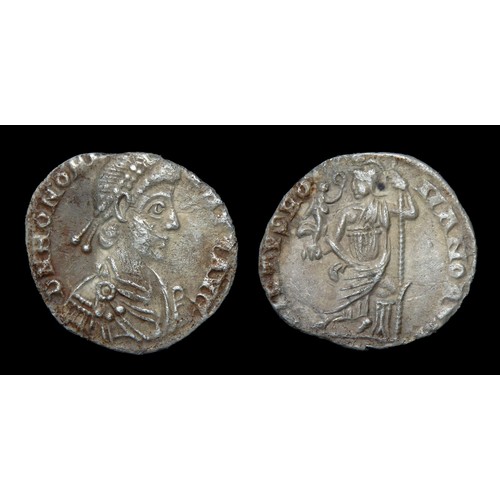 164 - Honorius siliqua. Silver, 17mm, 1.12g. Obv: Pearl-diademed, draped, cuirassed bust right, +D N HONOR... 