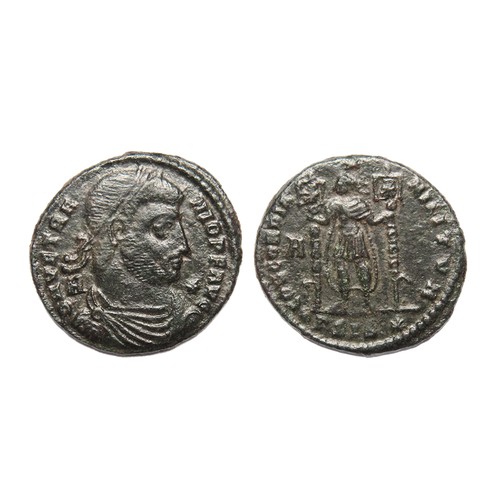 169 - Vetranio Maiorina. 1 March,-25 December. AD 350. Billon, 4.31g, 23.31 mm. Diademed bust right, A beh... 