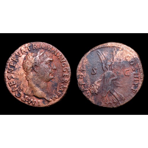 173 - Trajan As. Copper, 28mm 10.45g. Obv: laureate bust right, + IMP CAES NERVA TRAIAN AVG GERM P M. Rev:... 