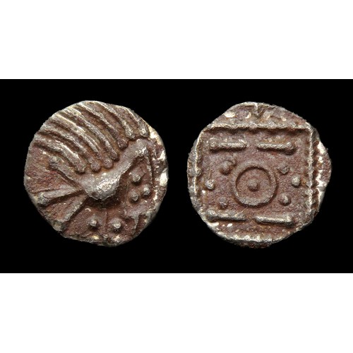 177 - Anglo-Saxon sceat, series E plumed bird type (695-740). 11mm, 1.03g. Obv: plumed bird right, tubular... 