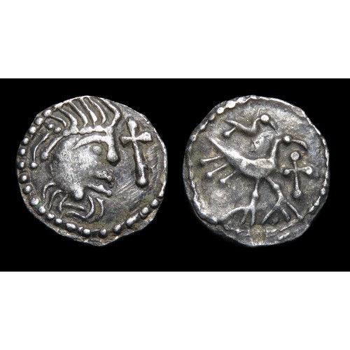 186 - Anglo-Saxon sceat, series J type 36, c. AD 710 -760. Obv: Diademed head right, cross before. Rev: Tw... 