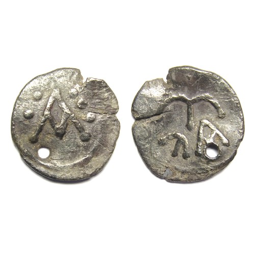 187 - Merovingian denier. Circa 6th century AD. Silver, 1.07g, 14.55 mm. A with six pellets around. R. M  ... 