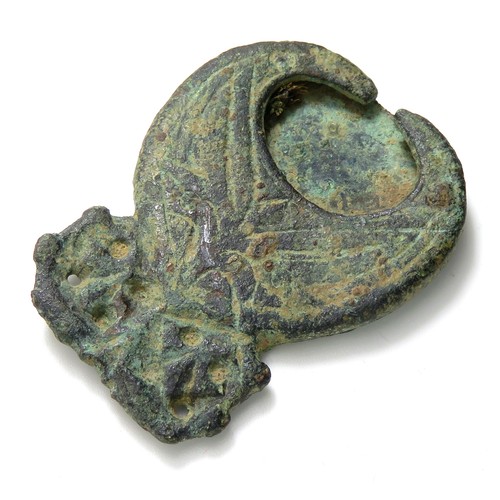 97 - Medieval strap end. Circa, 14th-15th century AD. Copper-alloy, 43mm x 33mm, 17.1g. A large composite... 