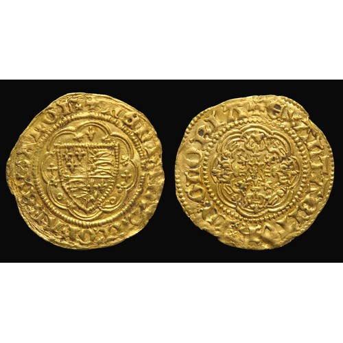 261 - Henry V gold quarter noble. Gold, 21mm, 1.71g. Obv:  Small lis above shield, quatrefoil and annulet ... 