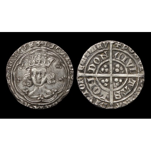 258 - Richard II Groat, Circa 1377-99. Silver, 4.53 grams. 29.90 mm. Obverse: Crowned facing bust, +RICARD... 