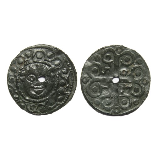 253 - English Medieval Jetton.  Edward II, 1307-27. Type 9. Copper, 0.63g. 19.18 mm. Full face head of Med... 