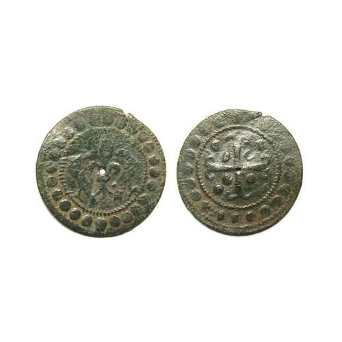 254 - English Medieval Jetton.  Edward II, 1307-27. Type 8C. Copper, 1.02g. 19.88 mm. Fleur-de-lys between... 