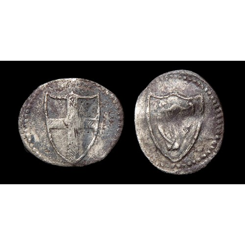 342 - Commonwealth, half penny, 1649-60. Silver, 11mm, 0.24g. Shield enclosing st Georges cross within wre... 