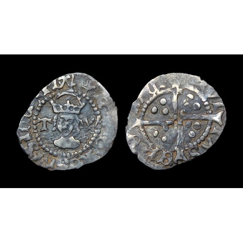 306 - Henry VIII halfpenny. Silver, 12mm, 0.28g. Obv: crowned facing bust, TW either side, +H D G ROSA SIN... 