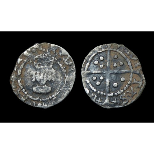 307 - Henry VIII halfpenny, second coinage (1526-44). Silver, 11mm, 0.39g. Obv: crowned facing bust, +H D ... 