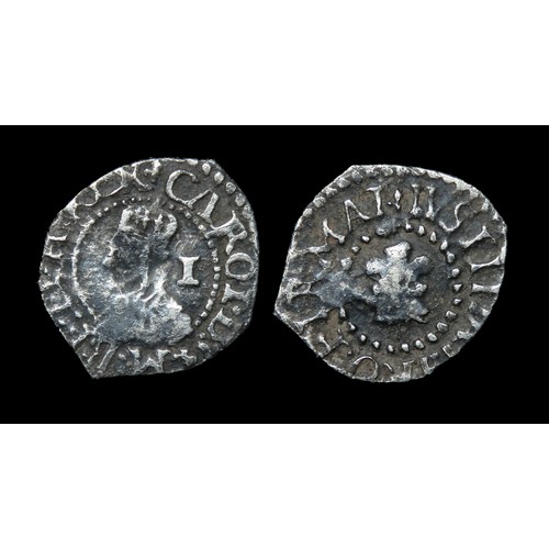 337 - Charles I Oxford penny, 1642-1646AD. Silver, 13mm, 0.38g. Obv: crowned bust left, I behind, +CAROL D... 