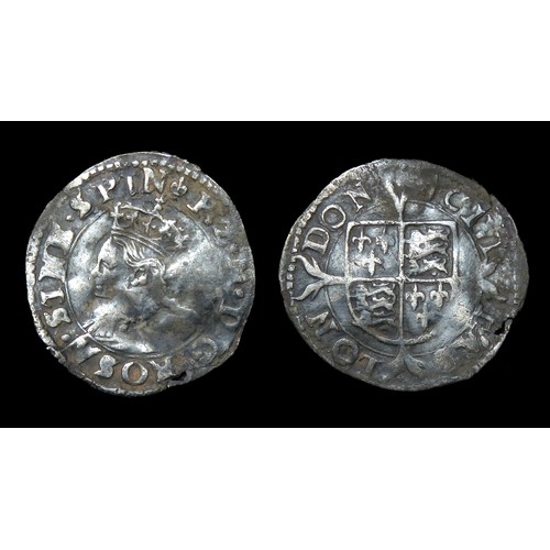 312 - Phillip and Mary penny. Silver, 16mm, 0.55g. Obv: crowned left facing bust, +P Z M ROSA SINE SPIN. R... 