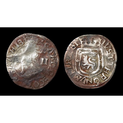 339 - Charles I Scottish two shillings. Silver, 16mm, 0.63g. Obv: crowned bust by Briot left within circle... 