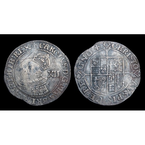 340 - Charles I shilling, group A. Silver, 31mm, 5.76g. Obv: crowned left facing bust, +CARLVS D G MAG BRI... 