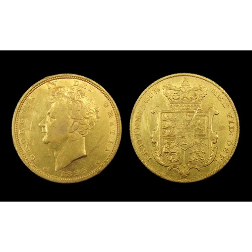 368 - George IV Sovereign, dated 1826. Gold, 7.94g. 22.12 mm. Obv: second bare head left, date below neck,... 