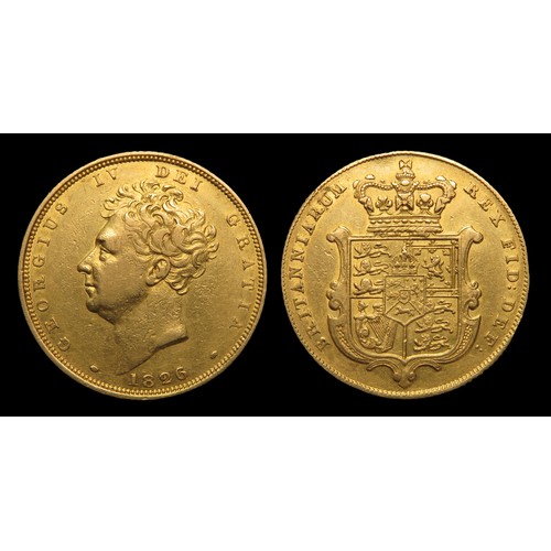 369 - George IV gold sovereign 1826. Gold, 22mm, 7.91g. Obv: second bare head left, +GEORGIUS IV DEI GRATI... 