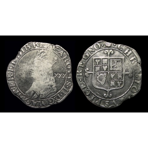 346 - Charles II halfcrown, graffiti on bust. Silver,.. Obv: crowned bust left, value XXX in field behind,... 