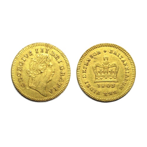 363 - George III third-guinea. Gold, 2.79g, 16.91 mm. Obv: first laureate head right, +GEORGIVS III DEI GR... 