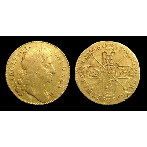 347 - Charles II guinea 1683. Gold, 26mm, 8.3g. Obv: fourth laureate bust right, +CARLVS II DEI GRATIA. Re... 