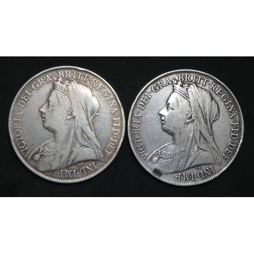 377 - Victoria silver crowns 1899 and 1900. Silver, 28.10g and 27.94g. Obvs: veiled head left, +VICTORIA D... 