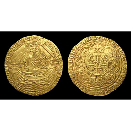 Edward III gold noble, Treaty period (1361-69AD). Gold, 34mm, 7.66g. Obv: King standing facing, in ship holding an upright sword and quartered shield, +EDWARD DEI GRA REX AnGL DnS hYB' Z AQ T. Rev: E at centre of ornamental cross with lis terminals, and crowns over the lions in angles, all within a beaded and linear tressure, with fleurs in spandrels. Ref: S.1503, Schneider 86-7, N.1232
