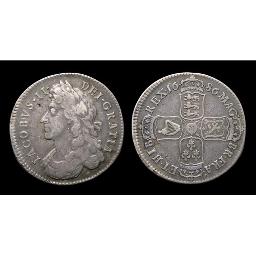 348 - James II Halfcrown, dated 1686. Silver, 14.58 grams. 32.66 mm. Obv: first bust facing left, +IACBOVS... 