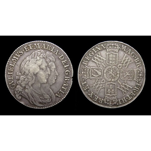 349 - William & Mary Halfcrown, 1691. Silver, 14.83 grams. 33.19 mm. Obv: conjoined busts right, +GVLI... 