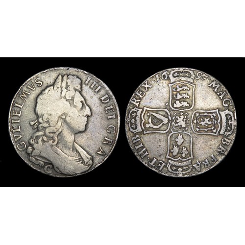 352 - William III Halfcrown, Chester mint. Silver, 15.15 grams. 33.07 mm. Obv: first laureate and draped b... 