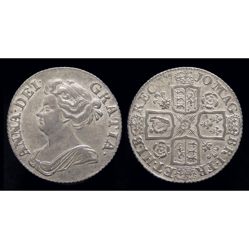 355 - Anne Shilling, post union dated 1710.Silver, 6.02 grams. 24.59 mm. Obv: Draped bust of Queen Anne le... 