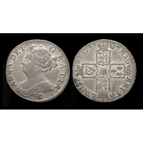 356 - Anne Shilling, post union dated 1707. Silver, 6.03 grams. 25.17 mm. Obv: Draped bust of Queen Anne l... 