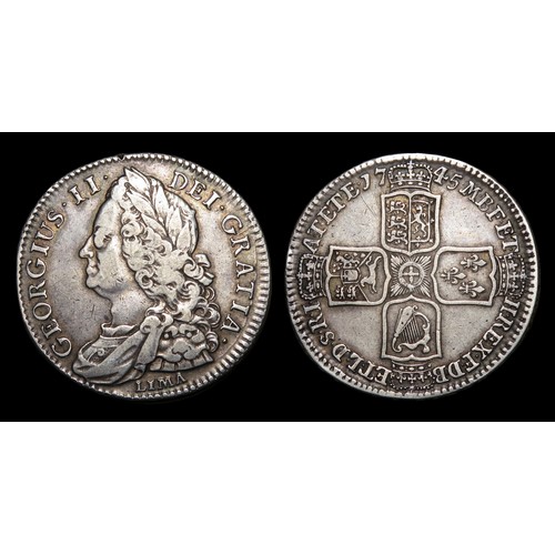 359 - George II Halfcrown. Silver, 14.84 grams. 34.17 mm. Obv: laureate and draped bust left, LIMA below, ... 