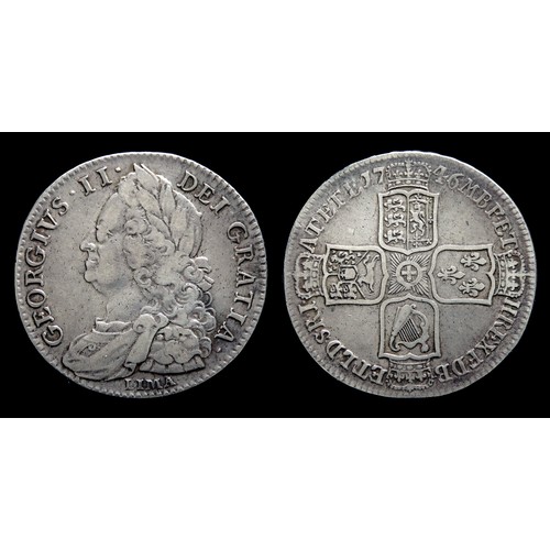 360 - George II Halfcrown. Silver, 14.91 grams. 33.85 mm. Obv: Older laureate and draped bust left, LIMA b... 