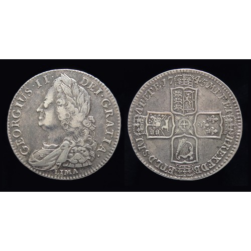 361 - George II Halfcrown. Silver, 15.01 grams. 33.18 mm. Obv: Older laureate and draped bust left, LIMA b... 