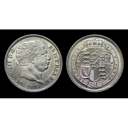 365 - George III Shilling, dated 1819. Silver, 5.69 grams. 23.64 mm. Obv: Laureate head right, +GEOR III D... 