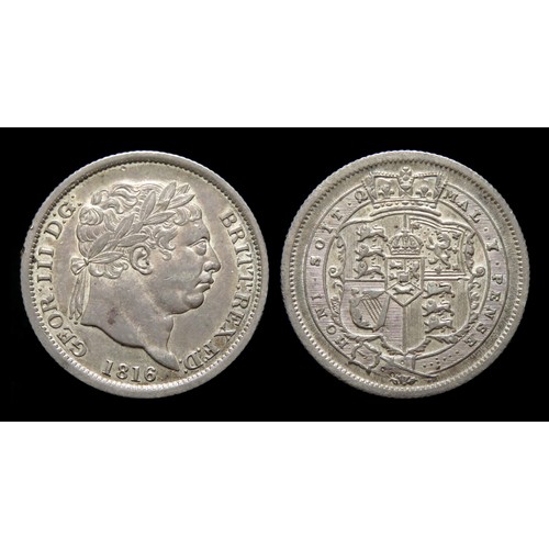 367 - George III Shilling, dated 1816. Silver, 5.60 grams. 23.66 mm. Obv: Laureate head right, +GEOR III D... 