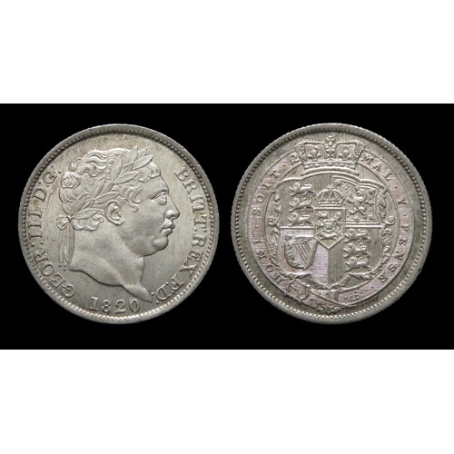 364 - George III Shilling, dated 1820. Silver, 5.66 grams. 23.53 mm. Obv: Laureate head right, +GEOR III D... 