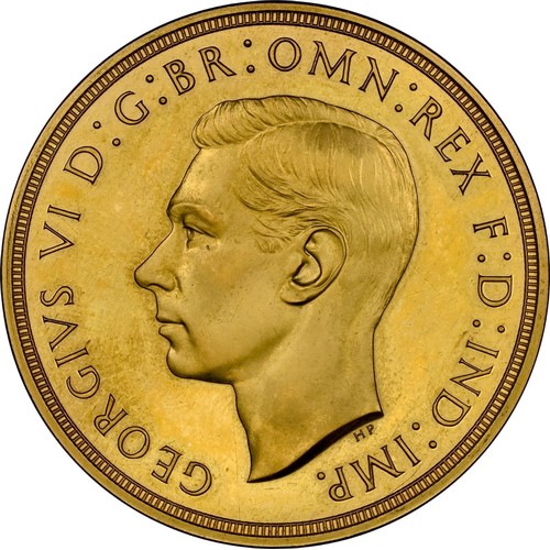 NGC PF63+ CAMEO George VI 1937 Gold proof five pounds. 