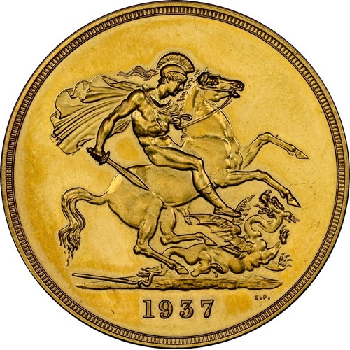 379 - NGC PF63+ CAMEO George VI 1937 Gold proof five pounds. From a limited edition of 5501 coins struck t... 