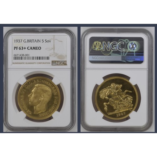 379 - NGC PF63+ CAMEO George VI 1937 Gold proof five pounds. From a limited edition of 5501 coins struck t... 