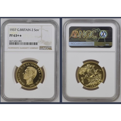 380 - NGC PF63+* George VI 1937 Gold proof two pounds. From a limited edition of 5501 coins struck to comm... 