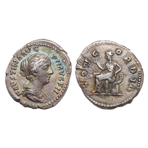 82 - Faustina Denarius. Rome, AD 154-6. Silver, 3.15g. 19.35 mm. Draped bust right, FAVSTINA AVG PII AVG ... 