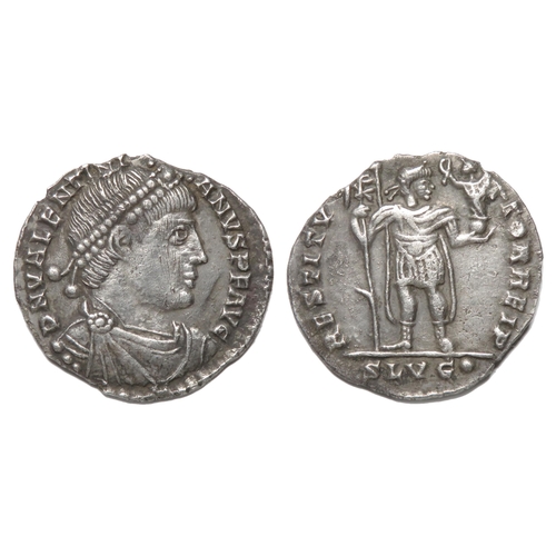 234 - Valentinian Siliqua. Lugdunum, AD 365-6. Silver, 1.58g. 17.33 mm. Diademed, draped and cuirassed bus... 