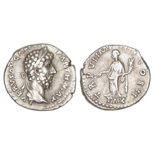 102 - Lucius Verus Denarius. Rome, AD 166. Silver, 18.20mm 2.75g. Laureate bust right, L VERVS AVG ARM PAR... 