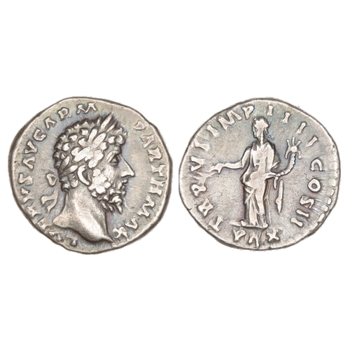 103 - Lucius Verus Denarius. Rome, AD 166. Silver, 18.49 mm 3.01g. Laureate bust right, L VERVS AVG ARM PA... 