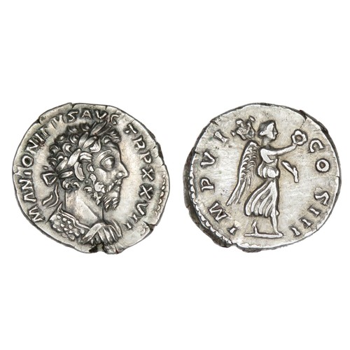 92 - Marcus Aurelius Denarius. Rome, AD 173. Silver, 19mm, 3.3g. Laureate and draped bust right, M ANTONI... 