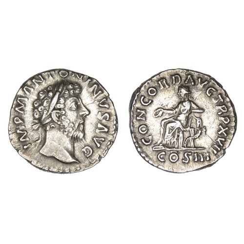 93 - Marcus Aurelius Denarius. Rome, AD 162. Silver, 18mm, 3.2g. Laureate bust right, IMP M ANTONINVS AVG... 